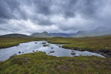 Great Britain, Scotland, Scottish Highlands, Glencoe, Rannoch Moor, Loch Ba and rain clouds - RUEF01994