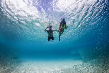 Underwater view of couple swimming with tropical fish, Waimea, on North Shore of Oahu, Hawaii, USA - AURF07382