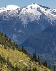 Schneebedeckter Berggipfel und bewaldetes Tal, Whistler, British Columbia, Kanada - AURF07448