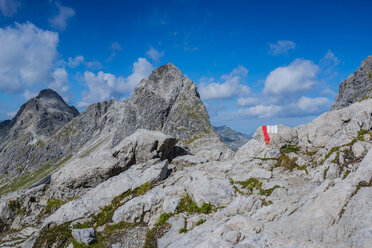 Deutschland, Bayern, Allgäu, Allgäuer Alpen, Heilbronner Weg, Wegmarkierung, Rappenseekopf im Hintergrund - WGF01261