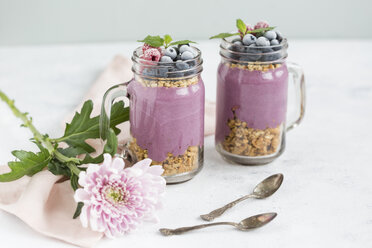 Two glasses of yoghurt with peanut granola, aronia powder and topping of chopped hazelnuts and frozen berries - JUNF01303