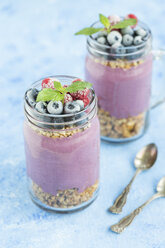Two glasses of yoghurt with peanut granola, aronia powder and topping of chopped hazelnuts and frozen berries - JUNF01305