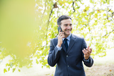 Smiling businessman on cell phone in a park - MOEF01409