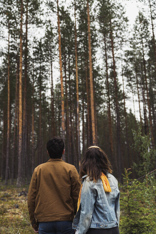 Finnland, Lappland, Rückansicht eines jungen Paares in ländlicher Landschaft, lizenzfreies Stockfoto