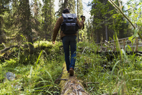 Finland, Lapland, man walking on log in forest stock photo