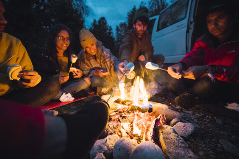 Eine Gruppe von Freunden sitzt an einem Lagerfeuer und röstet Marshmallows, lizenzfreies Stockfoto