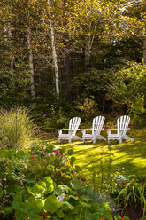 Drei weiße Adirondack-Stühle auf Rasen im Garten - AURF07685