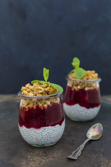 Zwei Gläser Chia-Pudding mit Kokosmilch, roter Grütze und Erdnuss-Granola-Topping - JUNF01358