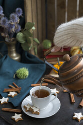 Frauenhand gießt Tee in eine Tasse - JUNF01394
