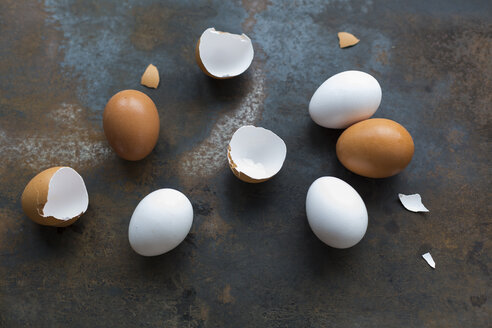 Weiße und braune Eier und Eierschalen auf rostigem Metall - JUNF01403