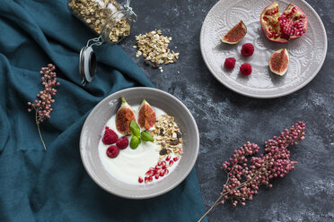 Bowl of natural yoghurt with fruit muesli, raspberries, figs and pomegranate seed - JUNF01430