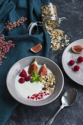 Bowl of natural yoghurt with fruit muesli, raspberries, figs and pomegranate seed - JUNF01431