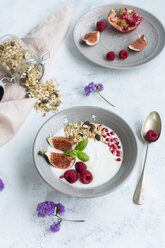 Bowl of natural yoghurt with fruit muesli, raspberries, figs and pomegranate seed - JUNF01432