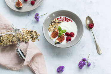 Schale Naturjoghurt mit Fruchtmüsli, Himbeeren, Feigen und Granatapfelkernen - JUNF01433