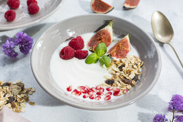 Bowl of natural yoghurt with fruit muesli, raspberries, figs and pomegranate seeds - JUNF01434