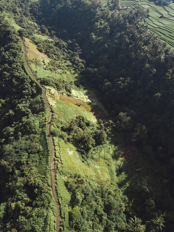 Indonesien, Bali, Ubud, Luftaufnahme eines Weges in den Hügeln, lizenzfreies Stockfoto