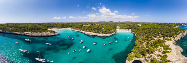 spain, Balearic Islands, Mallorca, Aerial view of Cala Mondrago and Playa Mondrago, Mandrago Nature Park - AMF06004