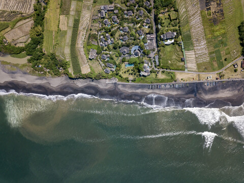 Indonesia, Bali, Aerial view of Yeh Gangga beach from above stock photo