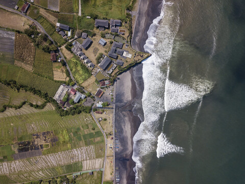 Indonesia, Bali, Aerial view of Yeh Gangga beach from above stock photo
