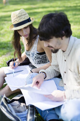 Zwei Studenten sitzen auf einer Wiese in einem Park und sehen sich Notizen an - GIOF04684