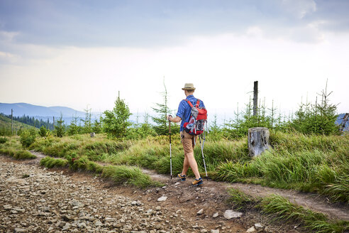 Rückansicht eines Mannes beim Wandern in den Bergen - BSZF00695