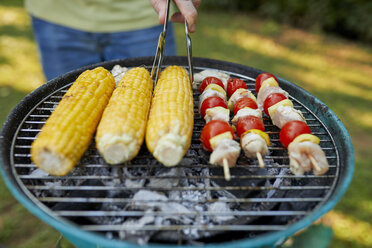 Maiskolben und Fleischspieß auf dem Grill beim Grillen im Garten - ZEDF01583