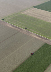 Aerial view tractor in sunny agricultural crop, Hohenheim, Baden-Wuerttemberg, Germany - FSIF03251