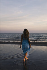 Back view of young woman wearing blue dress walking on the beach by sunset - MAUF01719