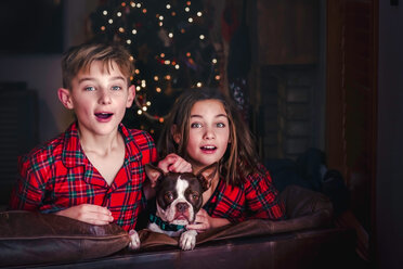 Siblings and pet dog leaning over sofa, excited - ISF19832