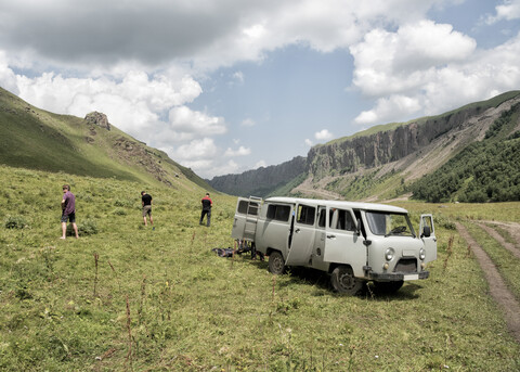 Russia, Upper Baksan Valley, Tourists taking a toilet break stock photo