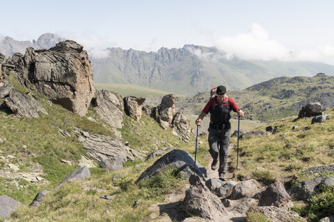 Russland, Kaukasus, Bergsteigerwanderung im oberen Baksan-Tal, lizenzfreies Stockfoto