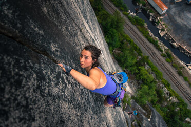 Woman climbing Malamute, Squamish, Canada, high angle view - CUF46089