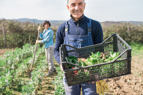 Mann mit Gemüsekiste im Garten, Frau arbeitet im Hintergrund, lizenzfreies Stockfoto