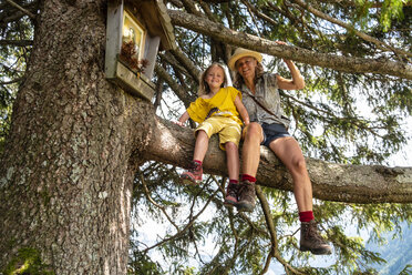 Porträt einer lächelnden Mutter und ihrer Tochter, die in einem Baum sitzen - HAMF00420