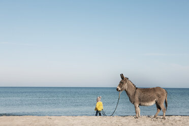 Mädchen führt Esel am Strand, Wiendorf, Mecklenburg-Vorpommern, Deutschland - FSIF03296
