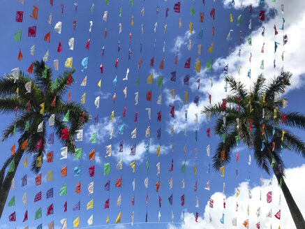 Low angle view of colorful textile decorations hanging by coconut palm trees against cloudy sky - CAVF49270