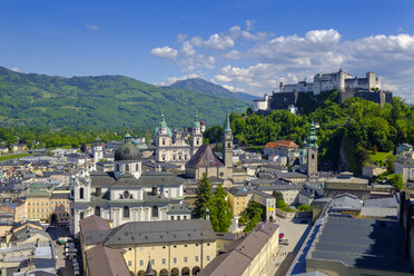 Austria, Salzburg State, Salzburg, View from Moenchsberg, Old town with College Church, Cathedral and Hohensalzburg Fortress - LBF02120