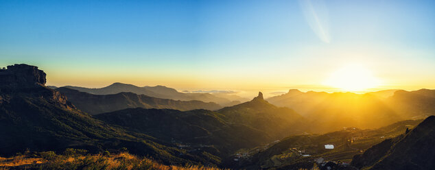 Spain, Canary Islands, Gran Canaria, panoramic view of mountain landscape at sunset - KIJF02065