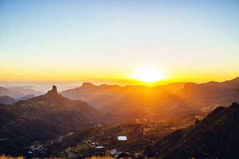 Spain, Canary Islands, Gran Canaria, mountain landscape at sunset stock photo