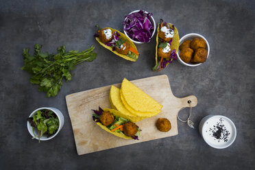 Sweet potato falafel in taco shells, with red cabbage, salad, carrot, yogurt sauce and black sesame - LVF07477