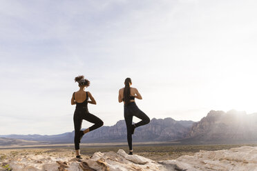 Rear view of female friends meditating while standing on rock formation against sky - CAVF49731