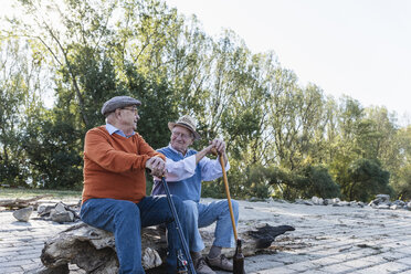 Zwei alte Freunde, die auf einem Baumstamm am Flussufer sitzen und Erinnerungen austauschen - UUF15523