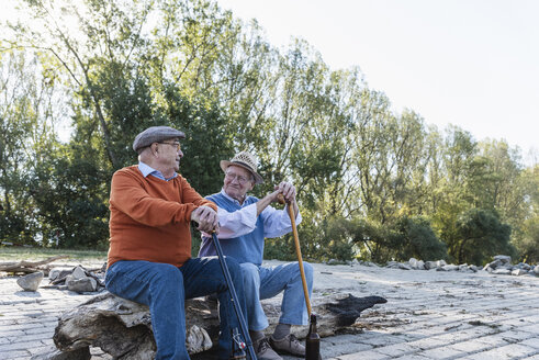 Two old friends sitting on a tree trunk by the riverside, sharing memories - UUF15523