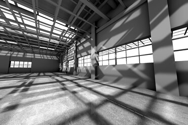 Architekturvisualisierung einer leeren Lagerhalle, 3D Rendering - SPCF00288