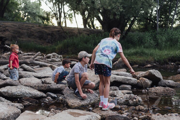 Siblings on rocks in forest - CAVF50277