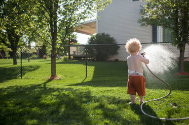 Rückansicht eines hemdlosen kleinen Jungen, der mit einem Gartenschlauch Wasser auf ein grasbewachsenes Feld sprüht - CAVF50530