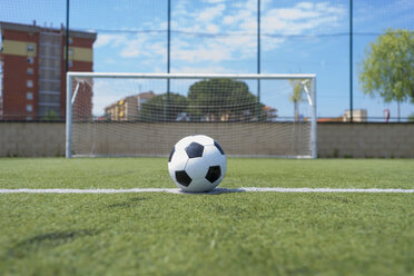 Soccer ball on grassy field against net - CAVF50546