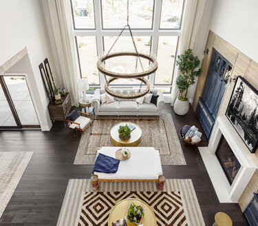 Hohe Winkel Ansicht der Möbel mit Dekorationen in modernen Wohnzimmer zu Hause angeordnet - CAVF50616