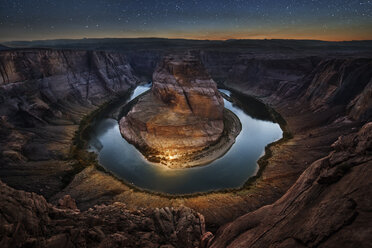 High angle majestic view of Horseshoe Bend against star field - CAVF50696