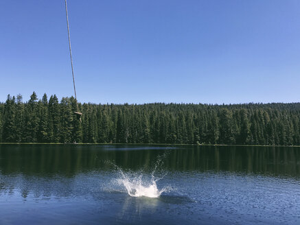 Scenic view of Rucker Lake against clear blue sky during sunny day - CAVF50782